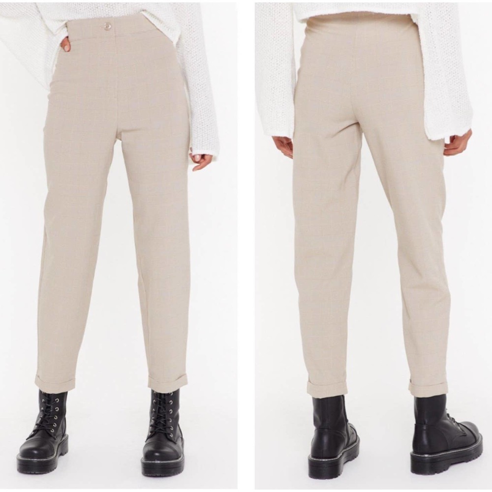 Nasty Gal Beige Check Plaid Turn Up Tapered High Rise Trouser Pants NEW 10